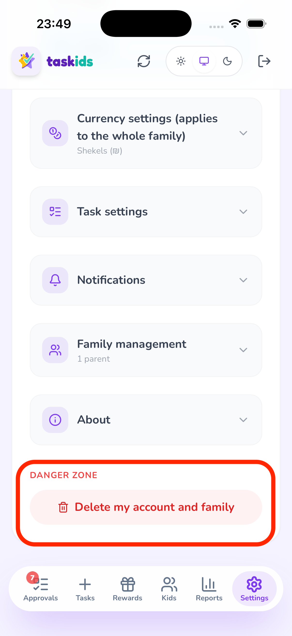 Settings screen with delete account button in the Danger Zone